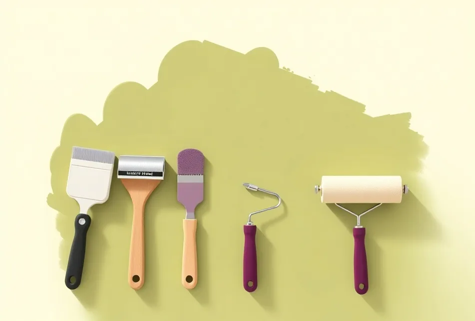 Outils de peinture disposés dans l'ordre des étapes du chantier