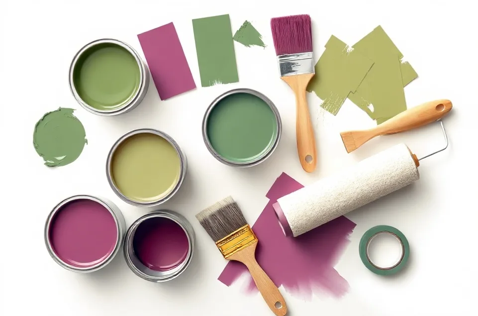 Pots de peinture, nuancier, brosses et rouleaux disposés à plat