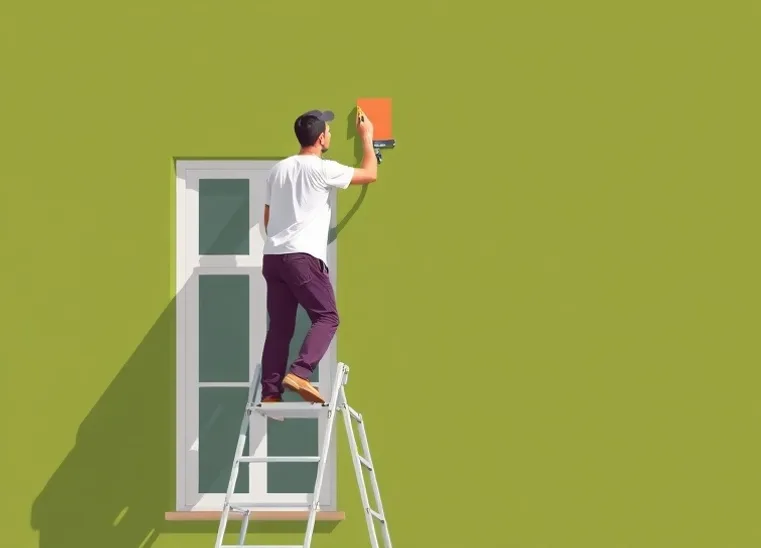 Peintre sur échafaudage traitant la façade d'une maison